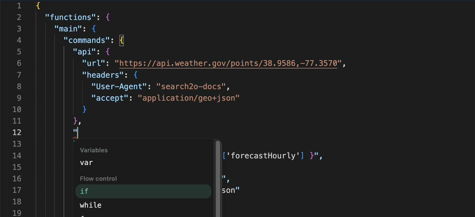 The editor suggesting the commands allowed at the cursor, grouped as in the command reference