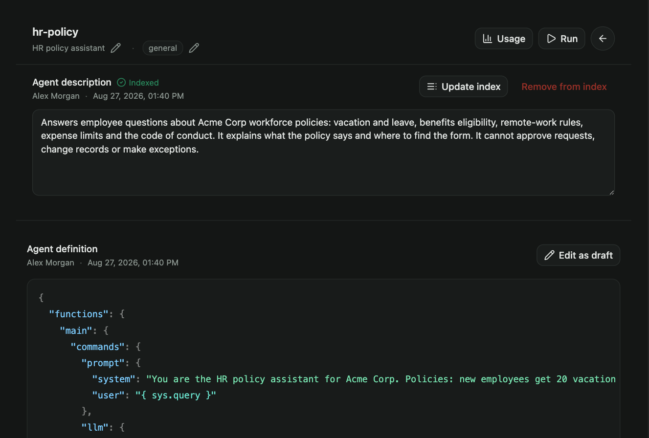 An agent's page: its description and index controls above the definition