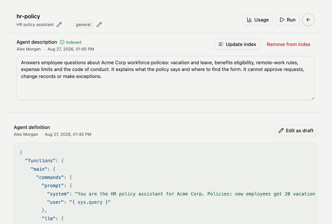 An agent's page: its description and index controls above the definition