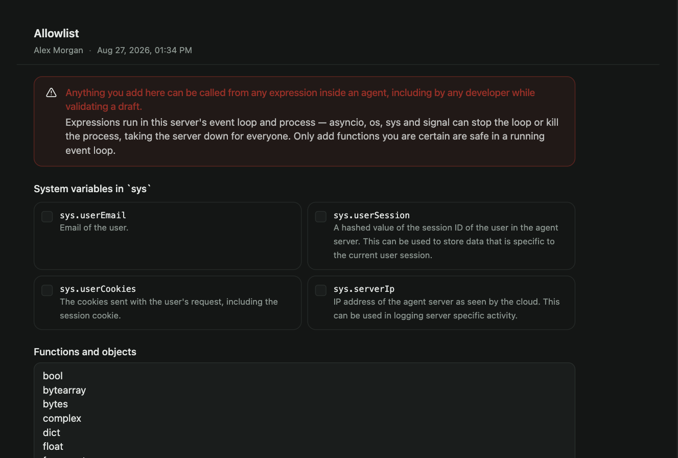 The Allowlist page: the sys variables and functions expressions may use