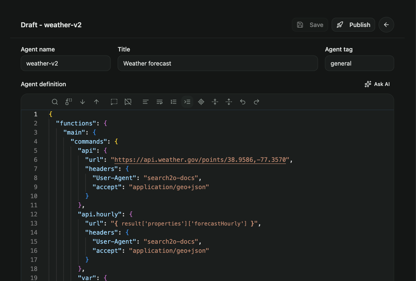 The draft editor: name, title and tag above the definition editor