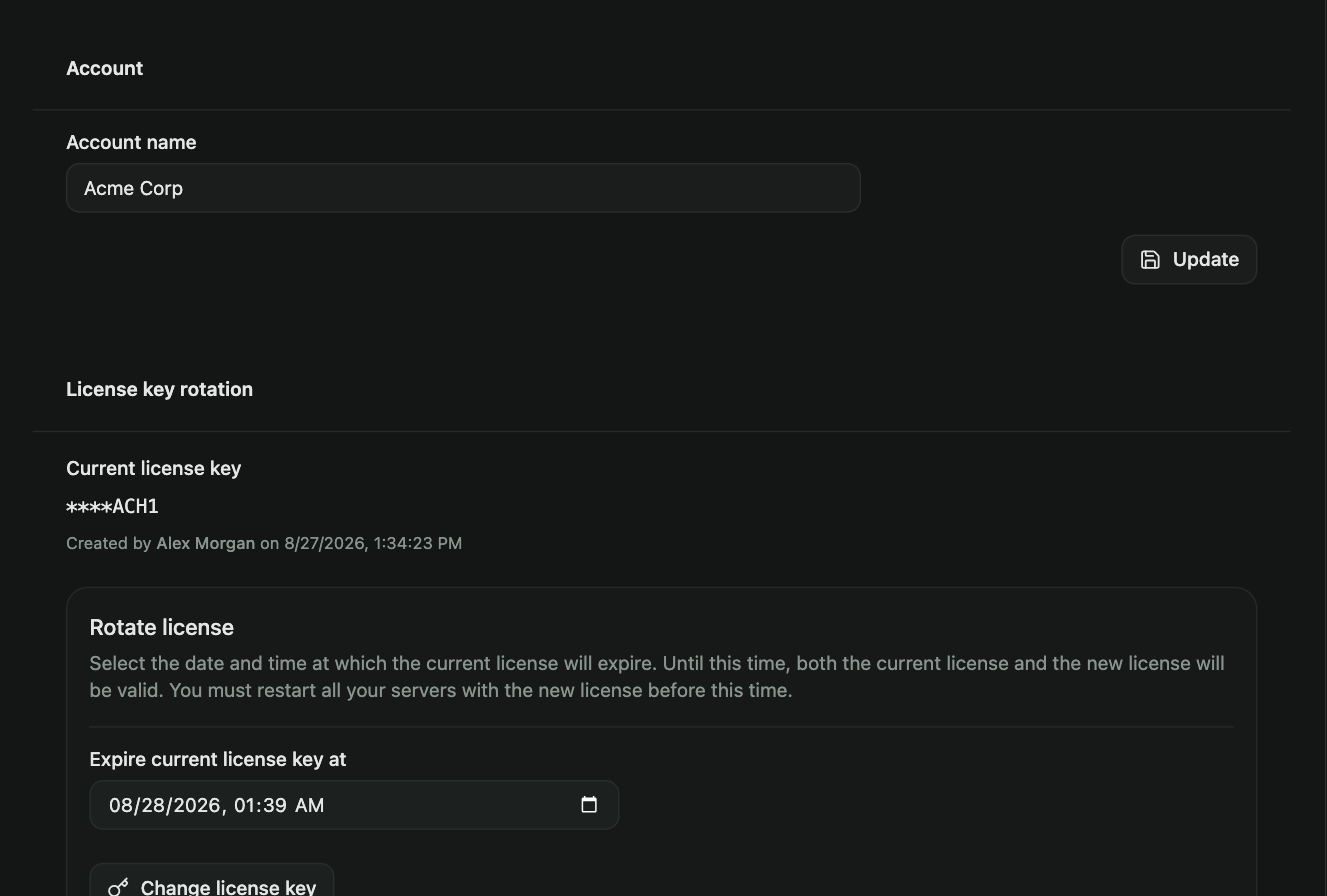 The License page with the rotation form