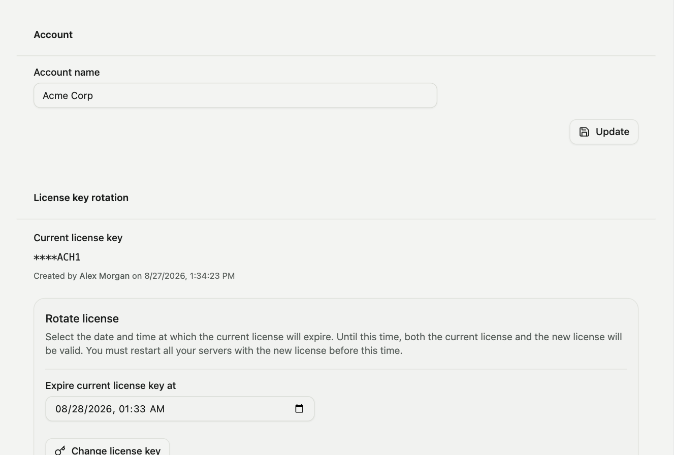 The License page with the rotation form